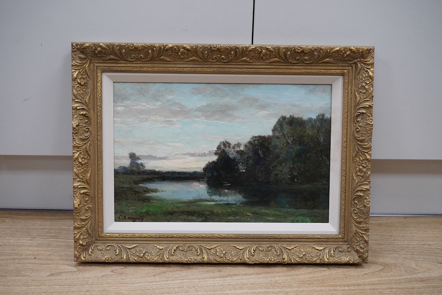 Louis Augustin Auguin (French 1824-1904), oil on canvas, Lakeside scene, signed, 26 x 39cm, ornate gilt framed. Condition - fair, craquelure throughout